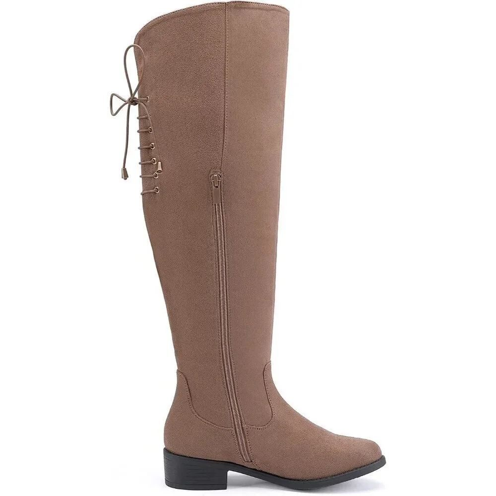 Women's Taupe Faux Suede Over The Knee High Side Zip Block Heel Riding Booties